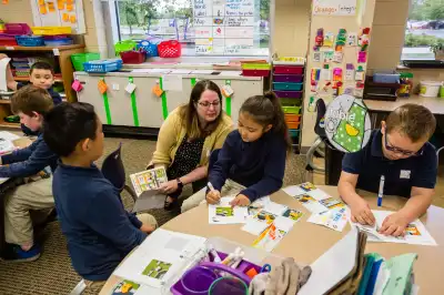 Volunteer and students engaging in JA in-school programming